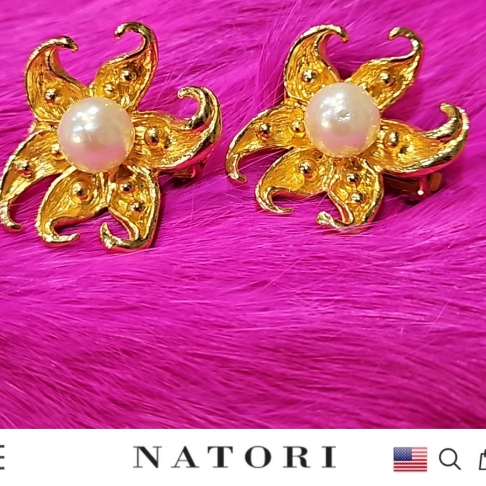 NATORI VINTAGE 80's STARFISH  GOLD‎  LARGE PEARL CENTER CLIP EARRINGS
